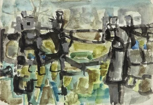 Henry Cliffe,&nbsp;British 1919-1993 -&nbsp;Figures in a landscape;&nbsp;gouache on paper, 19.5 x 28.5 cm...