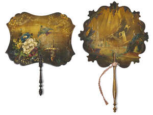 
	
		Two painted lacquer hand fans for the European market, 19th century, the head scalloped...