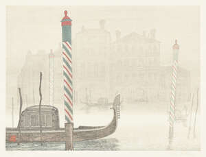 
	
		Yoshijiro Urushibara, Japanese 1888-1953, Venice, c.1922, woodblock print in colours,...