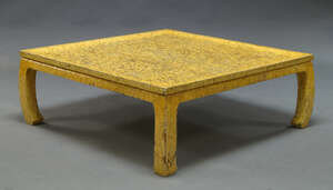 
	
		A yellow lacquered and fossil inset coffee table, in the manner of Anthony Redmile, late...