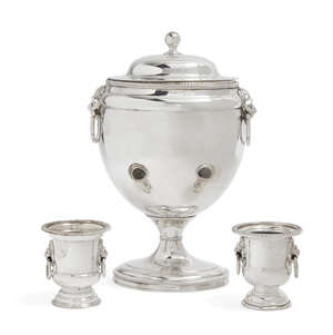 A Regency-style silver plated biscuit urn, of oval form with removable lid, the plain body to...