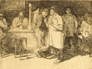 
	
		Roland Batchelor, British 1889-1990- Coffee Shop Billingsgate; etching, signed, numbered...
