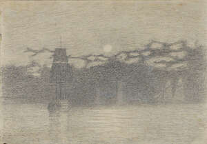 
	
		Attributed to Harry Epworth Allen, British 1894-1958-  Moonlight at Sea (recto), interior...