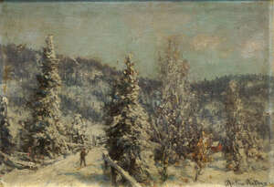 
	
		Morten Muller, 
		Norwegian 1828-1911- 
		 
		Skier in a mountain winter landscape...