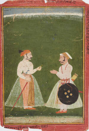
	
		Portrait of Maharana Amar Singhji receiving Saktarvavarji, Mewar, Rajasthan, North India,...