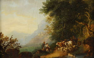 
	
		Central European School, early/mid 19th century- Figures by a goat and cattle herder on...