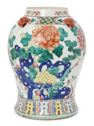 
	
		A Chinese porcelain jar, late 19th century, painted in famille rose enamels with flowers...