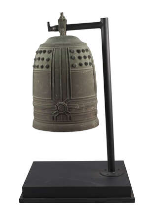 
	
		A Burmese bronze temple bell, 20th century, with four panels of studded decoration, 46cm...