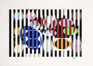 
	
		Yaacov Agam, 
		Israeli b.1928- 
		 
		2 + 3 = 4;
		screenprint in colour on pvc laid...
