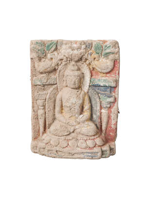
	
		A Tibetan painted terracotta rectangular plaque, 18th century, depicting Buddha seated in...