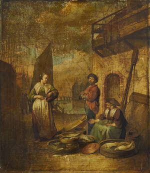 After Hendrick Martensz. Sorgh, 
		Dutch c.1610-1670- 
		The fishmonger; 
		oil on copper, numbered 259 (on the reverse), 56.5 x 49.6 cm. (unframed).
		Pro