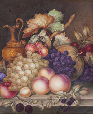 
	
		James Rouse Senior, British, 1802-1888 A painted  porcelain plaque with fruit and a ewer...