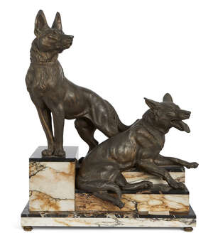 
	
		After Louis Albert Carvin, French, 1870-1935, two spelter Alsatians on a stepped...
