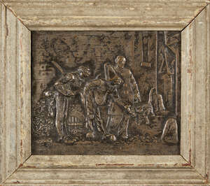 
	
		A pair of Italian silvered bronze Commedia dell'arte relief plaques, late 19th/early 20th...