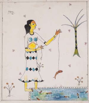 
	
		Homi B. Patel, 1928-2004, Women Catching a Fish, gouache on card, signed and dated 53...