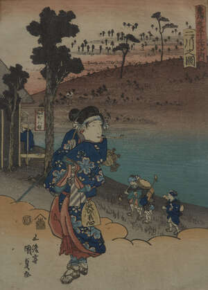 
	
		Utagawa Kunisada, Japanese 1786-1865, View of Futakawa, c.1839, woodblock print in...