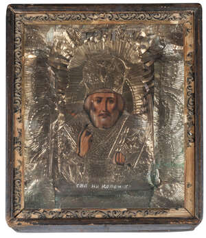 
	
		A Russian icon of St. Nicholas the Miracleworker, 19th century, with gilt metal embossed...