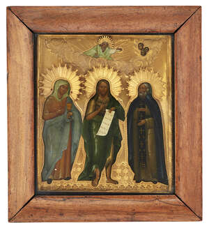 
	
		A Russian icon of Christ, Mary and St James, with God and the heavenly host above, 19th...