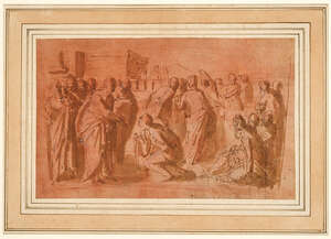Neapolitan School, 
		 
		early 17th century- 
		 
		Biblical scene with a figure kneeling before Christ; 
		 
		pencil, pen and brown ink over red ch