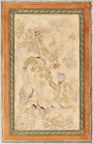 
	
		A Qajar painting of two lovers in a landscape, Iran, 19th century, in the Safavid style,...