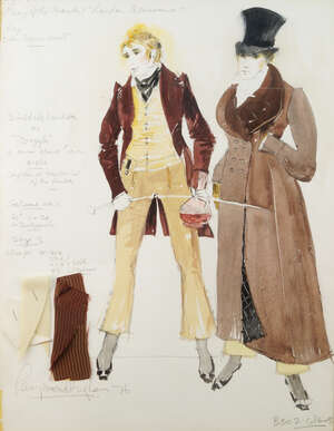 
	
		Raymond Wansker Hughes, British, d. 2015, Two costume designs for Play of the Month for...