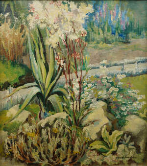 Alixe Jean Shearer Armstong, 
		British 1894-1984- 
		 
		Flowers and foliage in a garden; 
		 
		oil on canvas, signed, 47x41cm (ARR) 
		 
		Provena