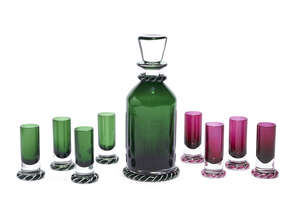 
	
		A St Louis coloured glass liquor set, French, modern, acid etched factory marks,...