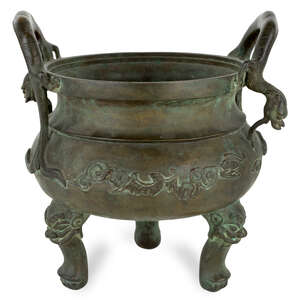 
	
		A large Chinese bronze tripod censer, 18th/19th century, with high loop handles cast as 