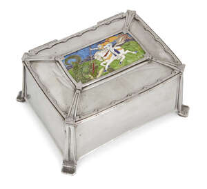 
	
		Designer Unknown, 
		 
		Arts and Crafts casket with decorative panel depicting George...