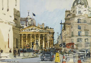 
	
		Ken Howard OBE RA,
		British b.1932- 
		 
		Royal Exchange from Bank Station, 1982;...