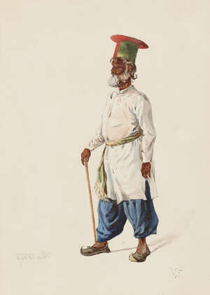 
	
		Alfred Crowdy Lovett (1862-1919), Snake Charmer, Belouch Chief and Sindhi Merchant,...
