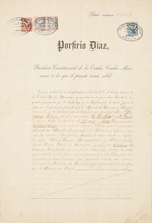 
	
		Porfirio Diaz, President of Mexico., 1884-1911. Commendation to A Aldason(? Alderson) for...