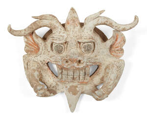  
		A Chinese terracotta mask with the face of a threatening beast, Tang dynasty, the horned beast depicted with large bulging eyes, open mouth showing gritt