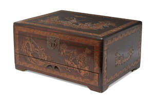 
	
		A Chinese hardwood cutlery box, early 20th century, carved to the cover, sides, front and...
