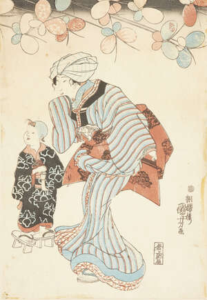 
	
		Utagawa Kuniyoshi, Japanese 1797-1861, woman and child, c.1840s, woodblock print in...