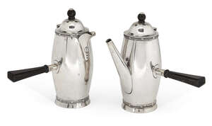 
	
		A pair of silver café-au-lait pots, Birmingham, c.1934, Barker Brothers, of elongated...