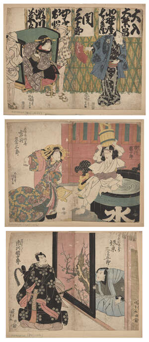 
	
		Three Utagawa Kunisada actor diptychs, early-mid 19th century, the actors Iwai Kumesaburo...