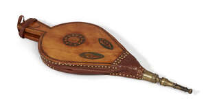 
	
		A pair of George III satinwood inlaid fire bellows, late 18th century, the body with...