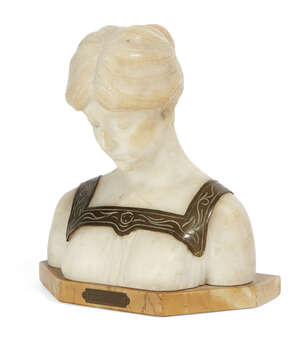 
	
		Lenter, A.G. 
		Alabaster and bronze bust, titled plaque Meditation 
		Signed 
		18cm...