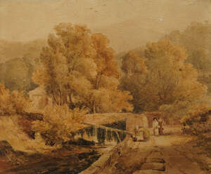 
	
		Attributed to Francis Nicholson, British 1753-1844- Figures congregated at a water...