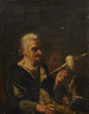 Circle of Pietro Bellotti, 
		Italian 1625-1700-
		Portrait of an old woman spinning thread with two children;
		oil on canvas, bears inscription on the rev