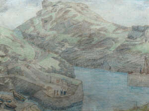 RTO Charles Isaac Ginner CBE ARA, 
		 
		British 1878-1952- 
		 
		 
		The Harbour, Boscastle; 
		 
		 
		coloured chalks, pen and black ink on la