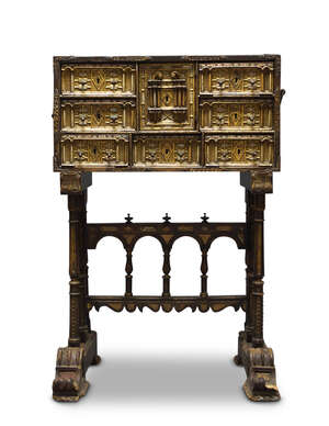 
	
		A Spanish walnut vargueno on stand, 17th century, with cast iron handles and strapwork,...