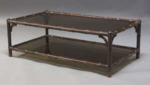 
	
		A  bamboo style two tier coffee table, late 20th Century, with rectangular smokey glass...