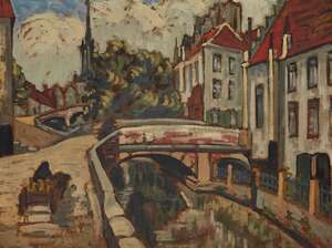 
	
		Roger Parent, 
		French 1881-1963- 
		Par un canal, Bruges; 
		oil on board, signed...