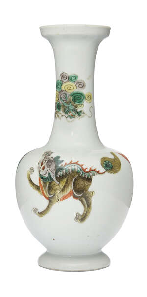 
	
		A Chinese porcelain 'mythical beasts' bottle vase, 19th century, painted in famille verte...