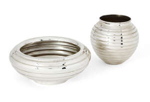 
	
		A Greek silver beehive-design vase and dish, both hand made, with rounded ridges to...