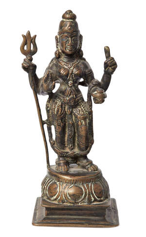 
	
		A Kashmiri bronze model of the goddess Durga, 19th century, modelled holding a trident,...