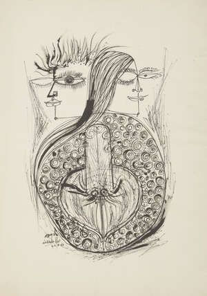 
	
		RTO Laxman Pai (Indian, b. 1926), Untitled, pen and ink drawing on paper, signed in Hindi...