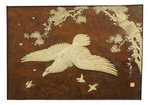 
	
		A Japanese wood and ivory inlaid rectangular panel, late 19th/early 20th century, 